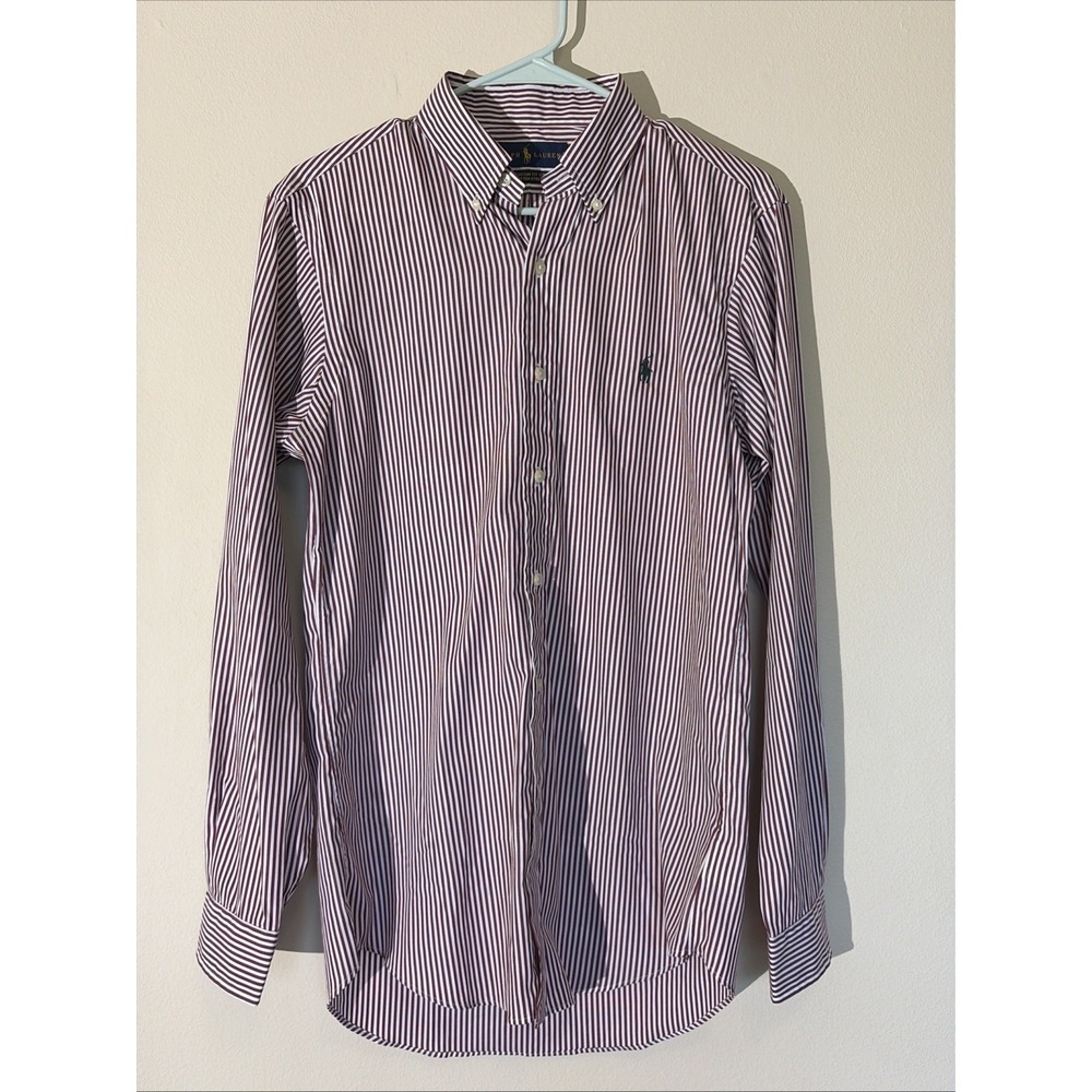 Ralph Lauren Maroon White Striped Cotton Stretch Button Down Shirt Mens Small
